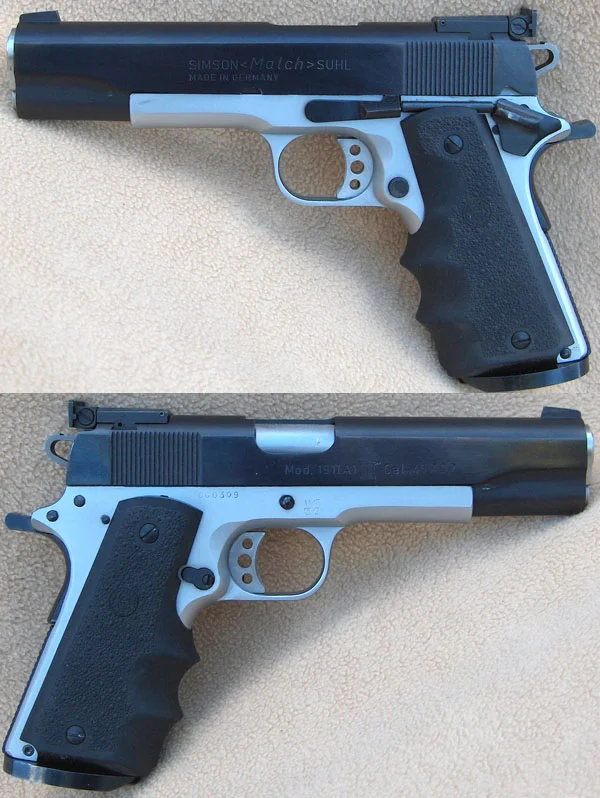 Simson Suhl Match 1911, Duotone. .45 ACP. Flot stand. 7.500,-