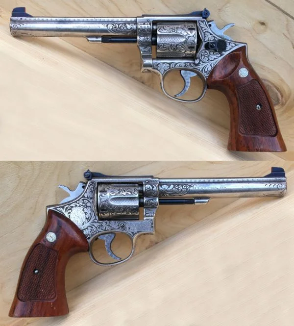 S&W M.14 6" .38 Special. Unika, graveret og forsølvet. 24.980,-